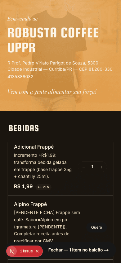 Cardápio público do Crema no celular com item no carrinho