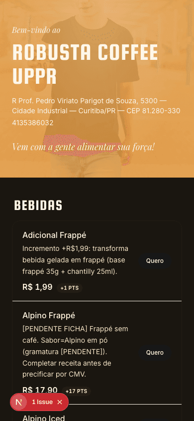 Cardápio público do Crema no celular